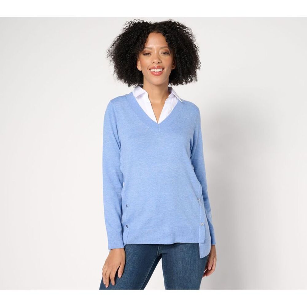 Top Knot Women's Sweater Sz L Denim & Co. Collared 2fer V-Neck Blue A666899